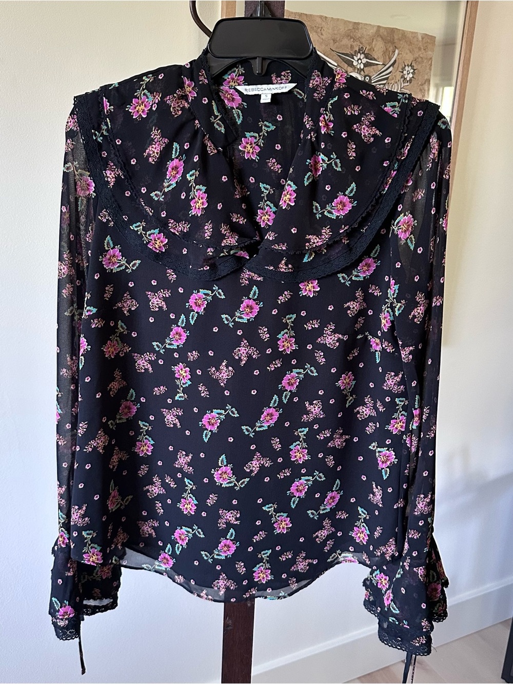 Rebecca Minkoff Black Blouse with Pink Floral Print